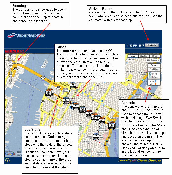 Zooming - The bar control can be used to zoom in or out on the map.  You can also double-click on the map to zoom in and center on a location. Buses - The graphic represents an actual RFTA bus.  The top number is the route and the number below is the bus number.  The arrow shows the direction the bus is traveling.  The buses are color-coded to make it easier to identify the route. You can move your mouse over a bus or click on a bus to get details about the bus. Bus Stops - The red dots represent bus stops on a bus route.  Red dots right next to each other represent bus stops on either side of the street, with buses going in opposite directions.  You can move your mouse over a stop or click on a stop to see the name of the stop and get details on when a bus is predicted to arrive at that stop. Controls - The controls for the map are above.  The Routes button is used to choose the route you wish to display.  Find Stop is used to locate a stop on any RFTA route.  The Stops and Buses checkboxes will either hide or display the stops and buses on the map.  The final section is a legend showing the routes currently displayed.  Clicking on a route in the legend will center the map on that route.