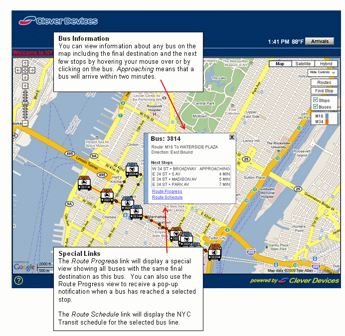 Bus Information - You can view information about any bus on the map including the final destination and the next few stops by clicking on the bus. Special Links - The Route Progress link will display a special view showing all buses with the same final destination as this bus.  You can also use that view to receive a pop-up notification when a bus has reached a selected stop. The Route Schedule link will display the RFTA schedule for the selected bus line.