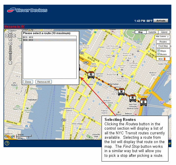 Selecting Routes - Clicking the Routes button in the control section will display a list of all the RFTA routes.  Selecting a route from the list will display that route on the map.  The Find Stop button works in a similar way but will allow you to pick a stop after picking a route.